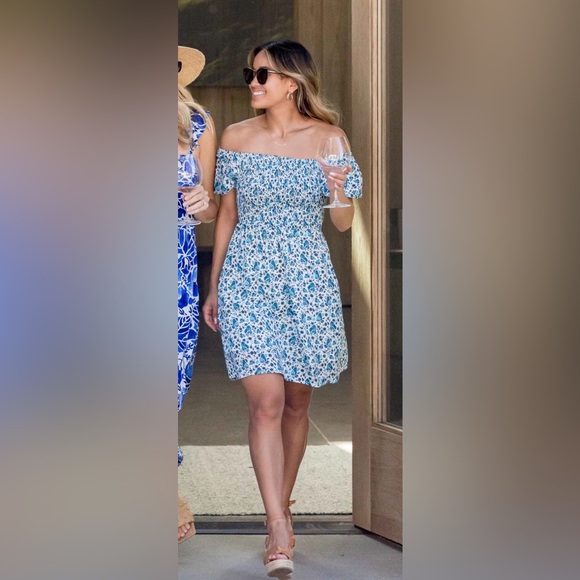 Kenny Flowers Sonoma Blue and White Floral Off-Shoulder Mini Dress - Picture 2 of 9